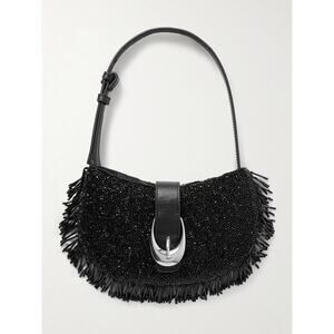 STAUD Alana Leather Fringed Beaded Satin Shoulder Bag - Black